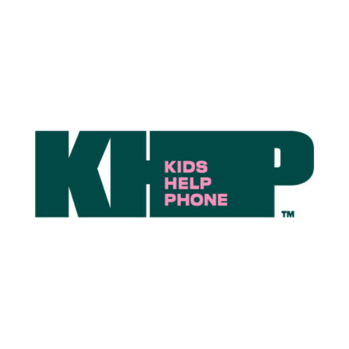 Kids Help Phone logo: forest green letters KHP with Kids Help Phone in pink