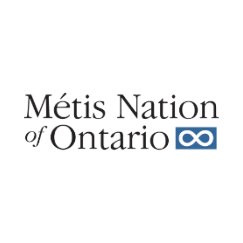 The Métis Nation of Ontario (MNO) logo: black text with a blue rectangle and a white infinity logo