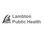 grey scale Lambton Public Health logo: County of Lambton Logo displaying a large L with an oil rig and wheat stem inside. Lambton Public Health is written beside the County logo