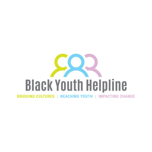 Black youth helpline logo: three people icons (green, blue, purple). bridging cultures, reaching youth, impacting change