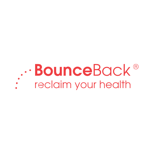 Bounce back logo: red wording Bounce Back reclaim your health. has a dotted arrow to the word Bounce representing a bouncing ball
