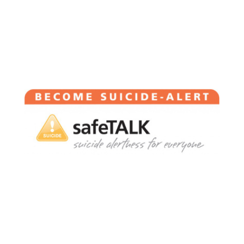 Safe Talk Logo: yellow warning triangle with explanation mark and the word suicide. Has an orange banner above logo reading: become suicide-alert